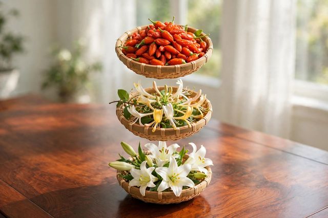 Fresh goji berries, honeysuckle flowers and lily flowers — traditional Chinese medicinal herbs